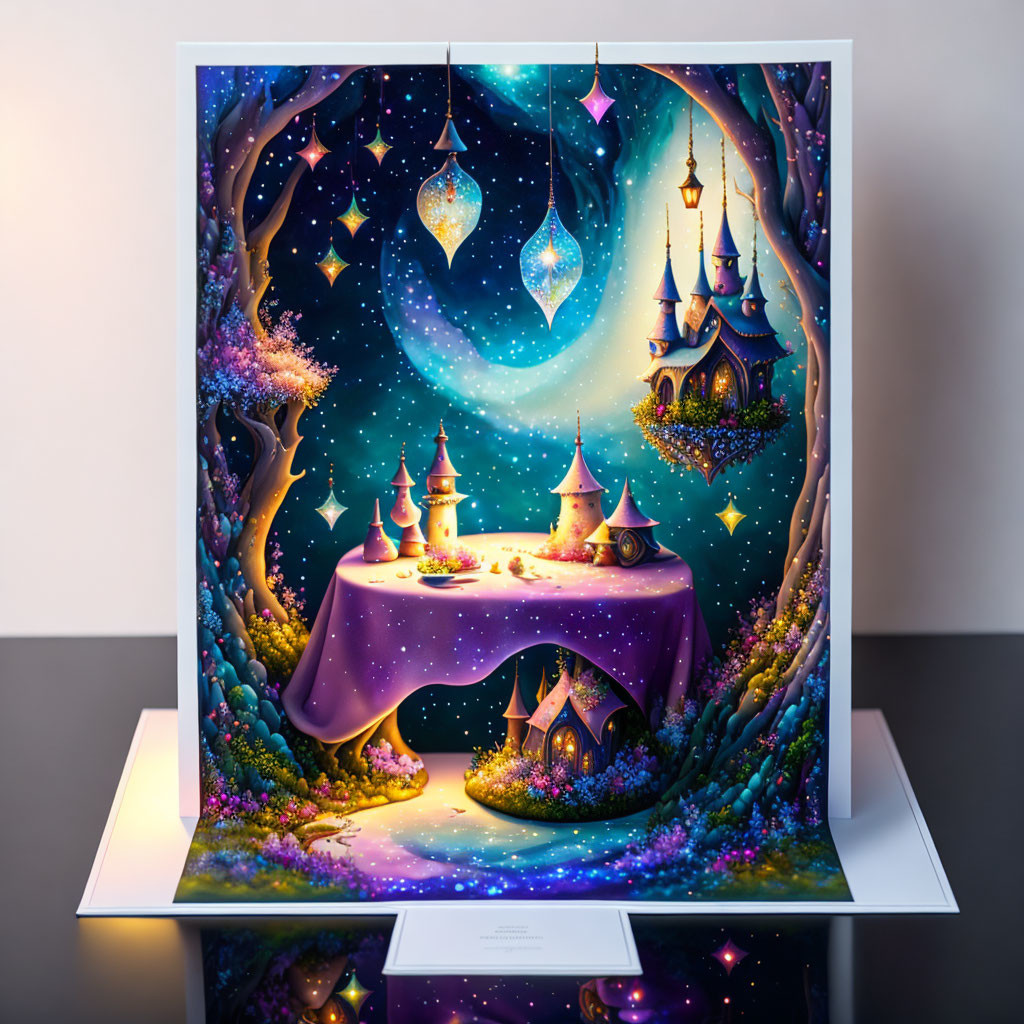 Fantasy pop-up book: Magical lanterns, castles, and colorful flora.