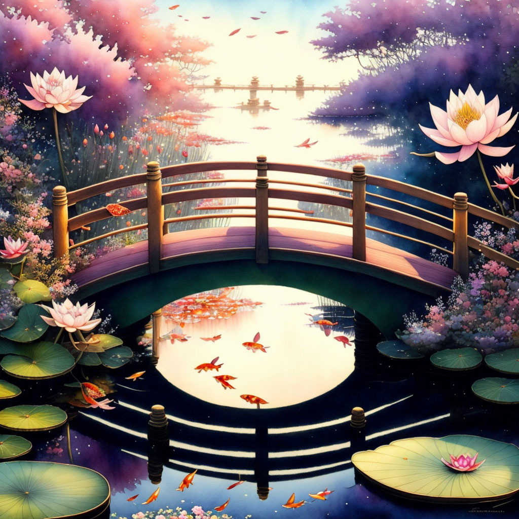 Tranquil wooden bridge over koi pond with lotus flowers at dusk