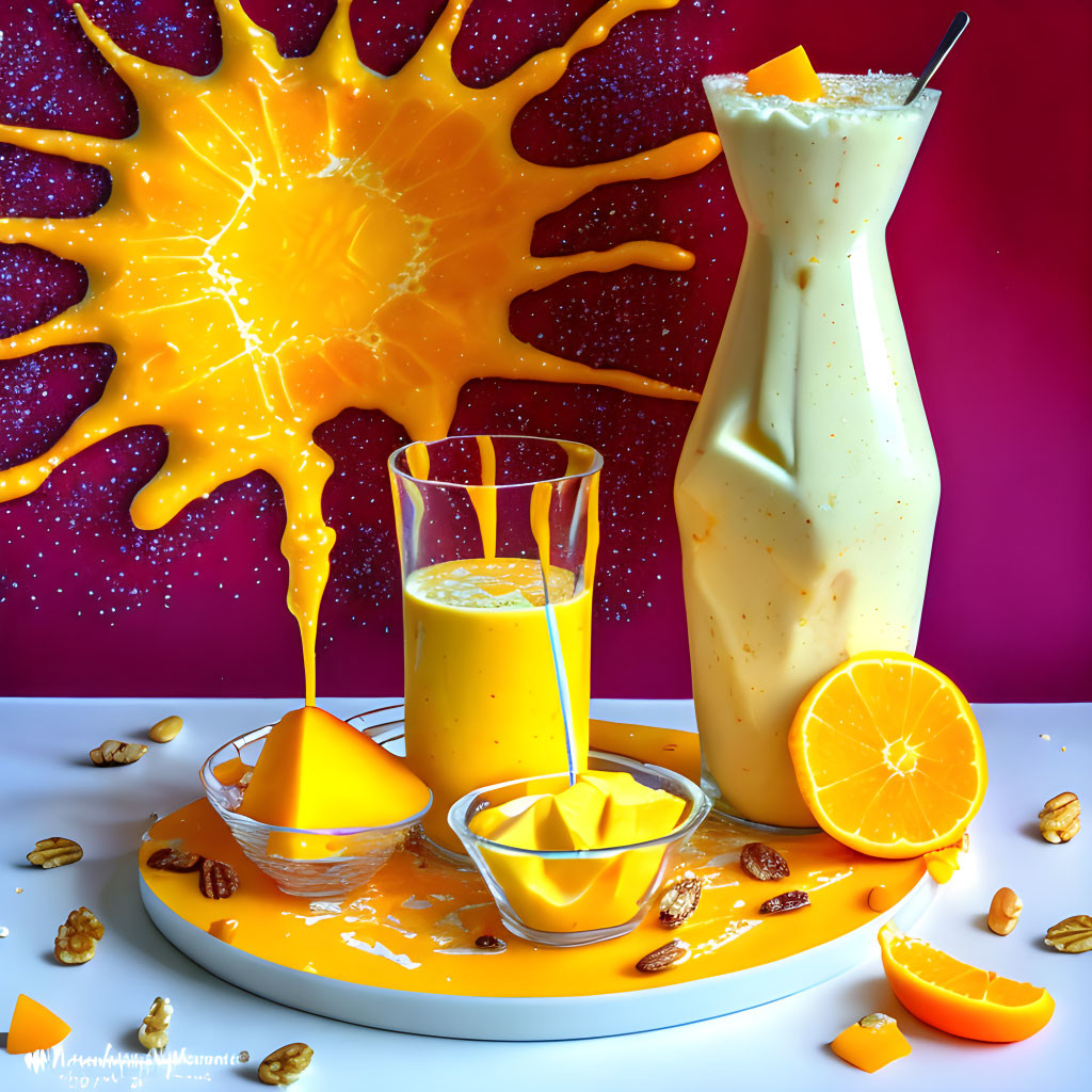 Colorful Orange Juice Spill with Fresh Ingredients