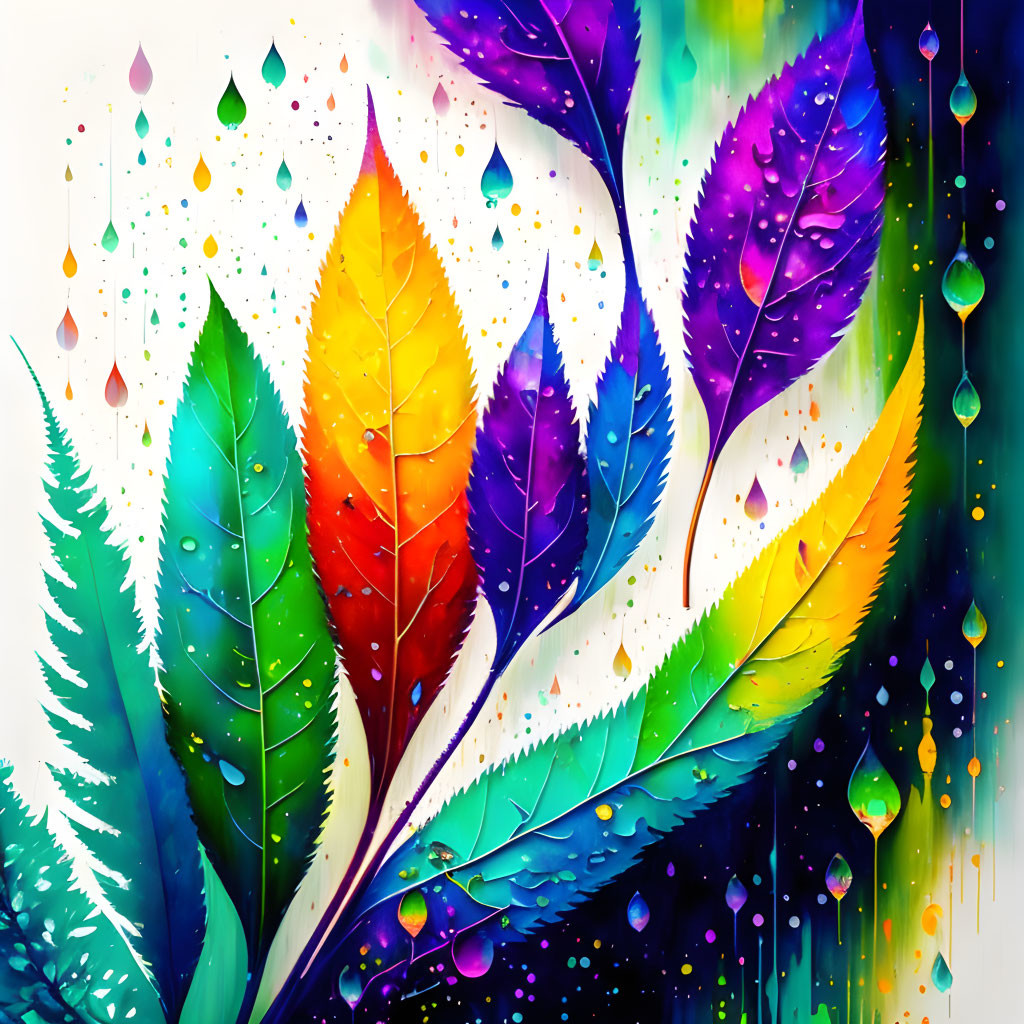 Colorful Watercolor Leaves with Droplets: A Whimsical Nature Composition