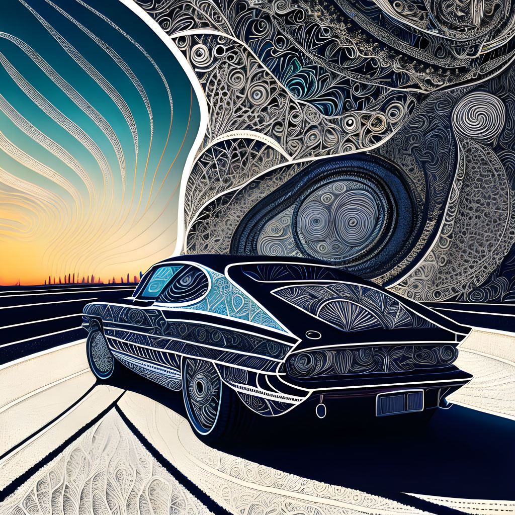 Stylized classic car on swirling road with vibrant sunset