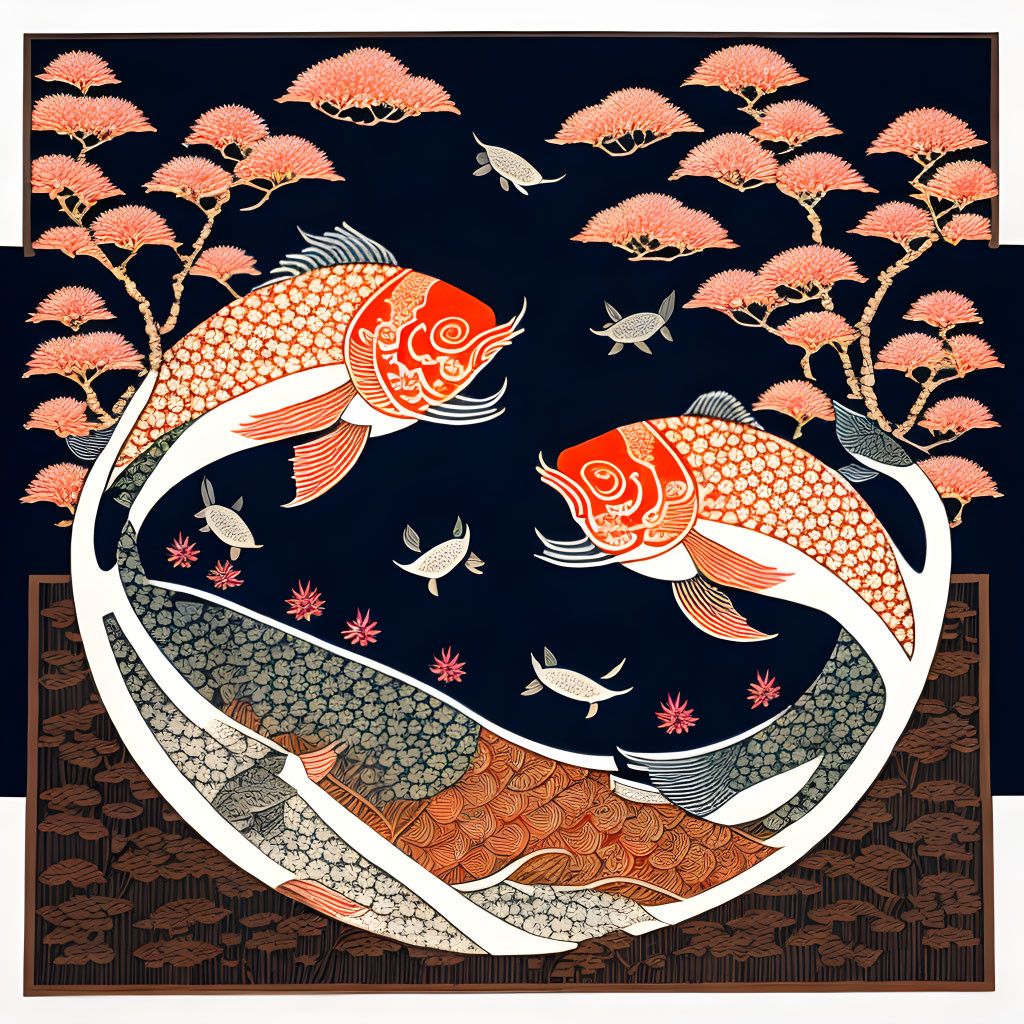 Ornate koi fish illustration with pink foliage on dark background