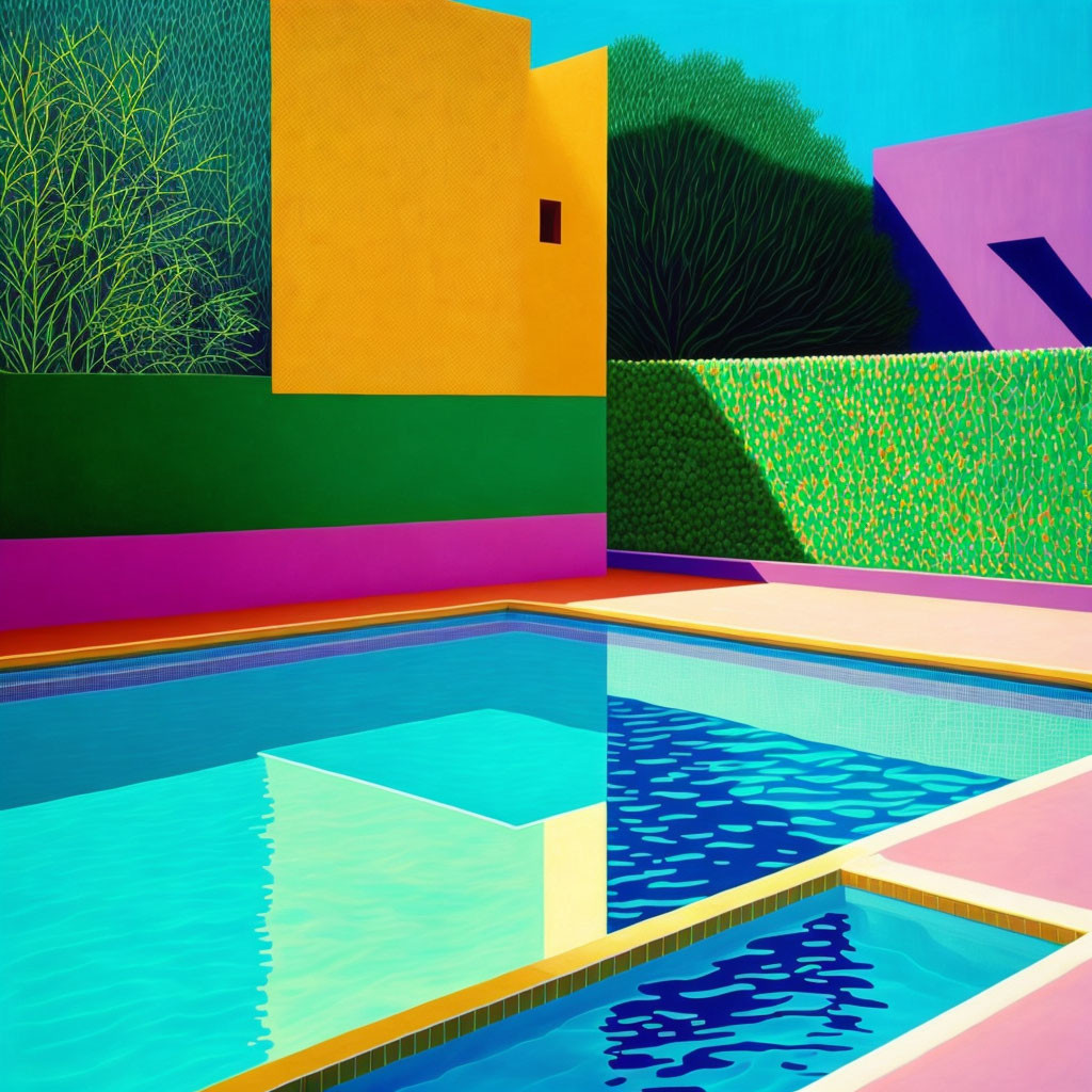 Colorful Abstract Art: Geometric Shapes & Bold Colors of Architectural Scene & Foliage