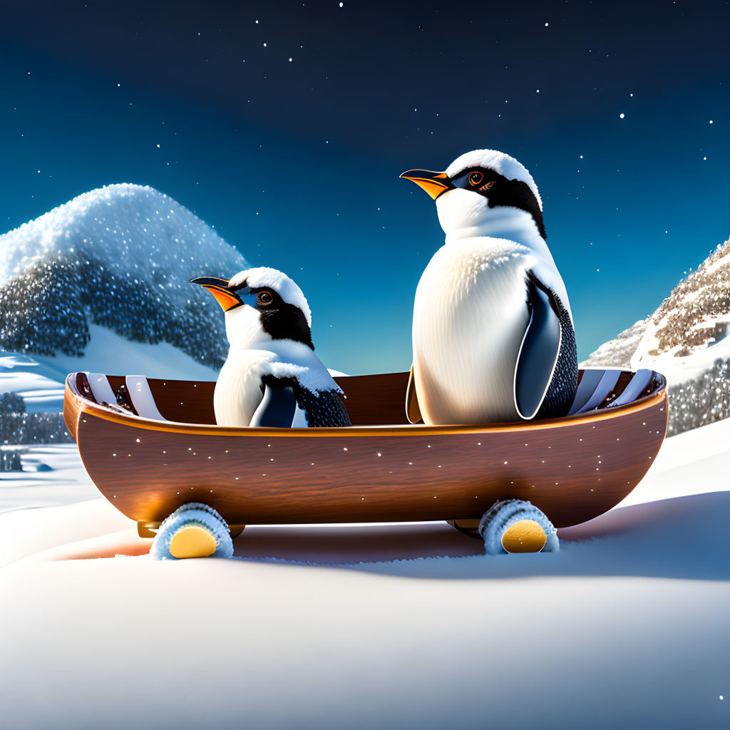 Cartoon penguins on wooden sled in snowy night scene