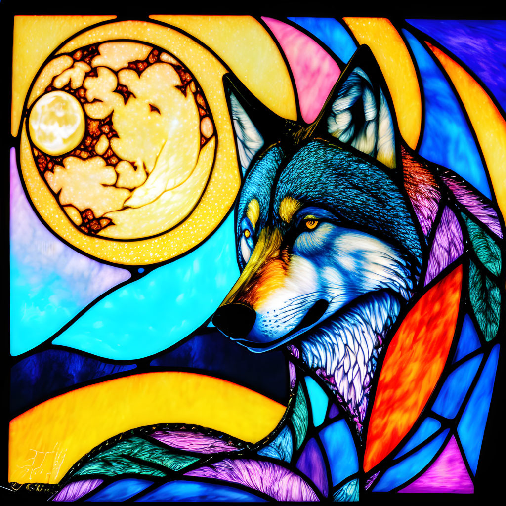 Colorful Stylized Wolf Art Against Moon Stained Glass