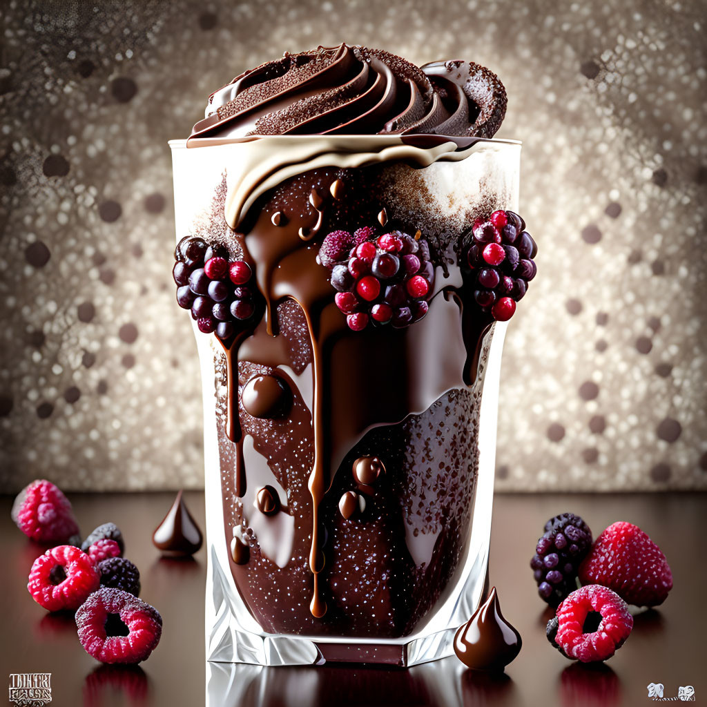 Decadent dessert glass with chocolate mousse, fresh berries, and chocolate syrup