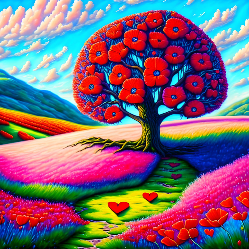 Colorful landscape with heart-shaped tree and undulating fields