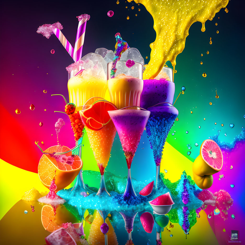 Colorful Cocktails and Fruits Splashing on Rainbow Background