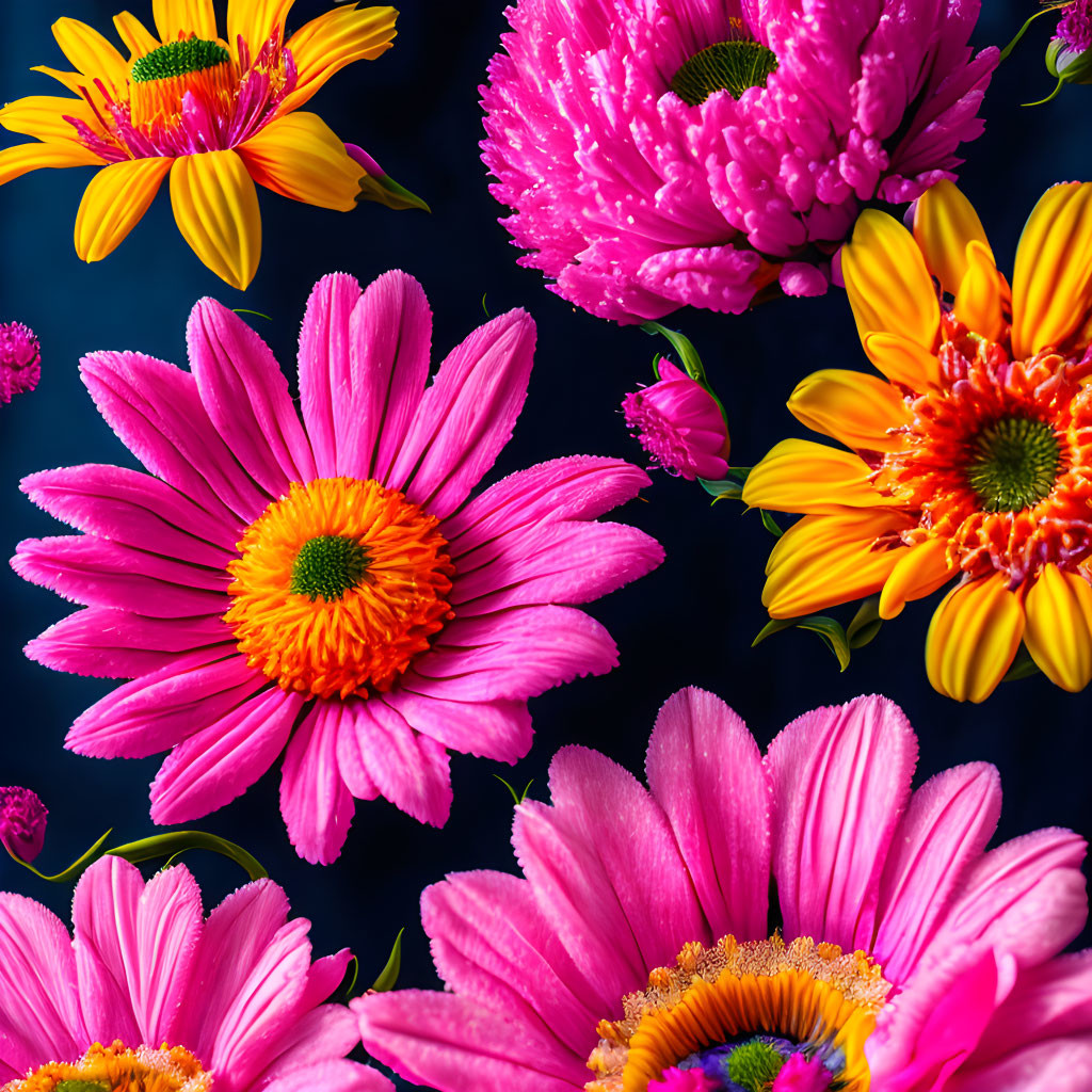 Colorful Pink and Yellow Flowers on Dark Blue Background