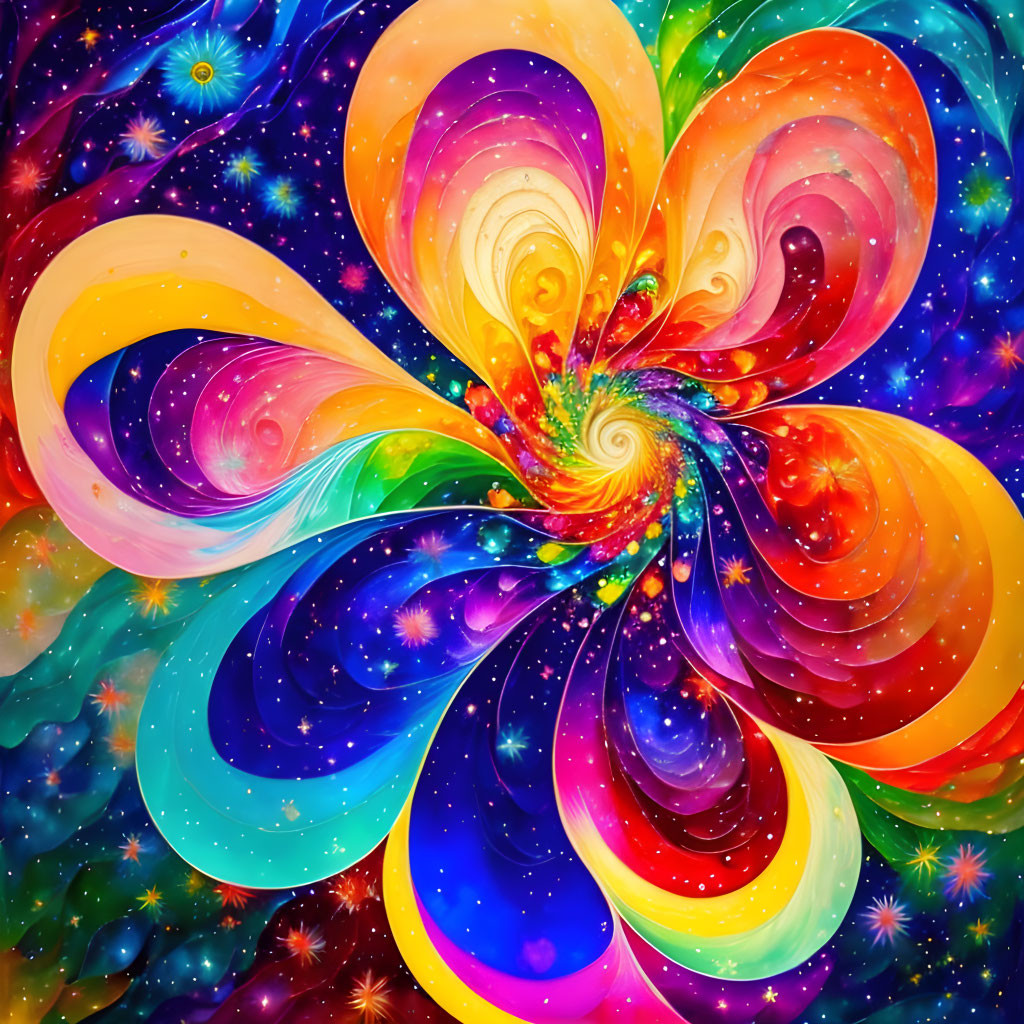 Colorful Swirling Cosmic Flower in Starry Space Background