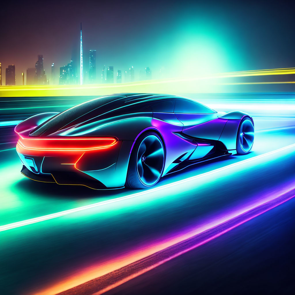 Futuristic car with neon lights on night road with city skyline.