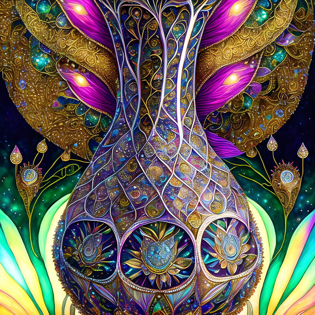 Symmetrical peacock-inspired digital artwork with intricate gold details