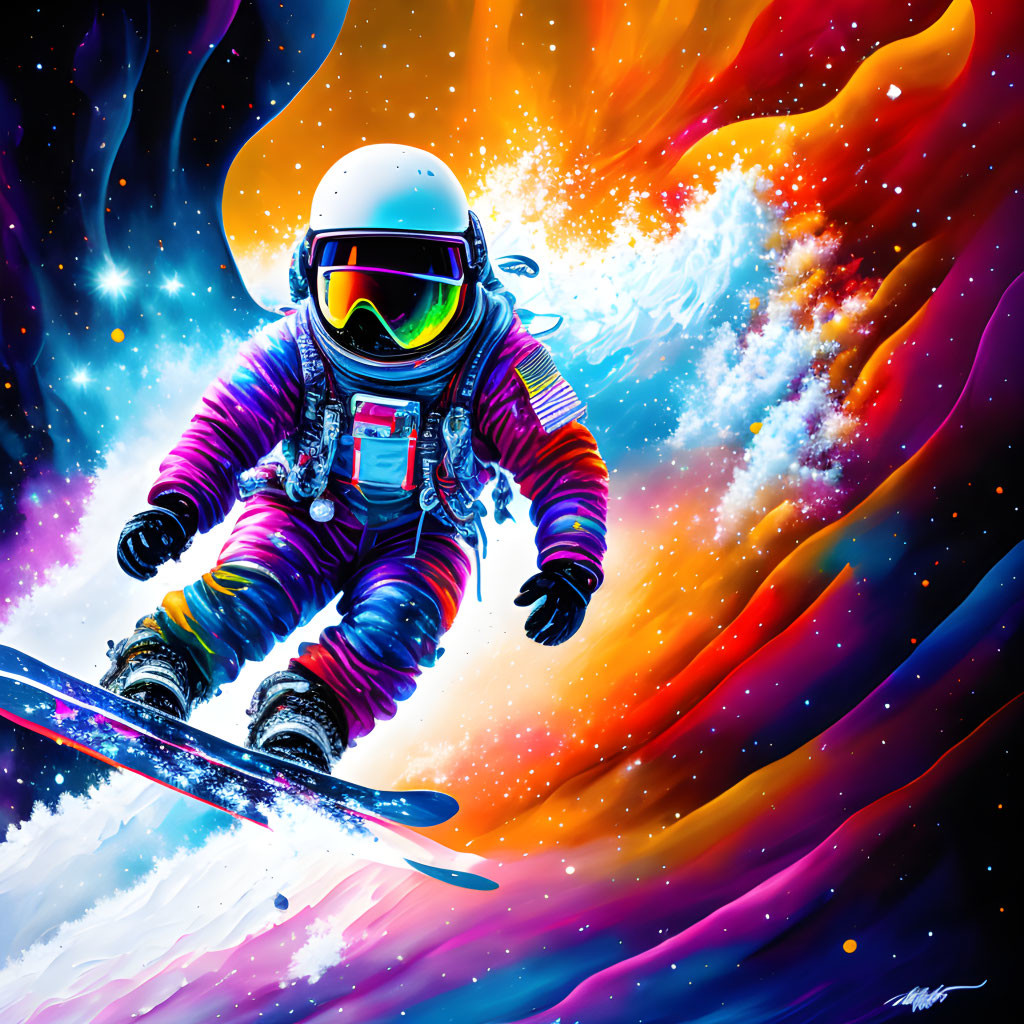 Colorful spacesuit astronaut snowboarding on cosmic wave with stars and nebulas.