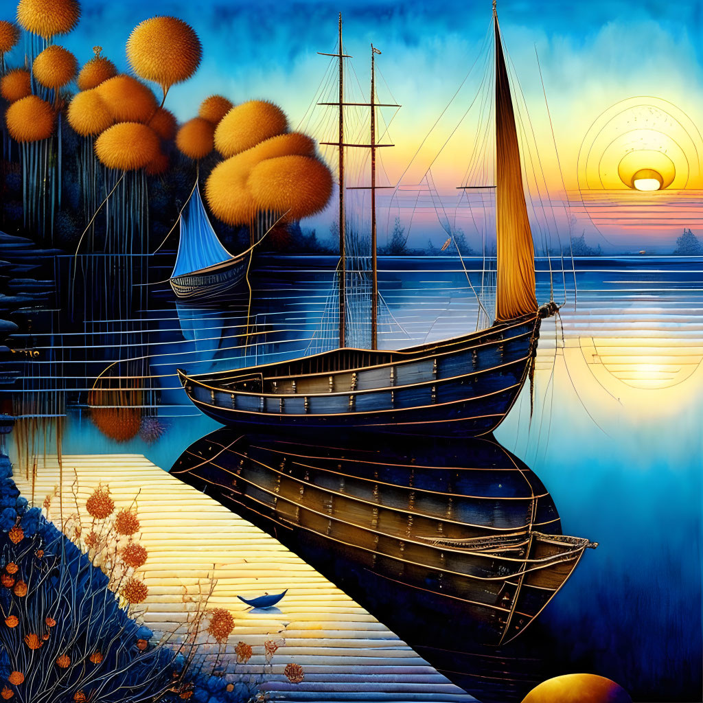 Surreal landscape with boats, sunset, trees, and moon