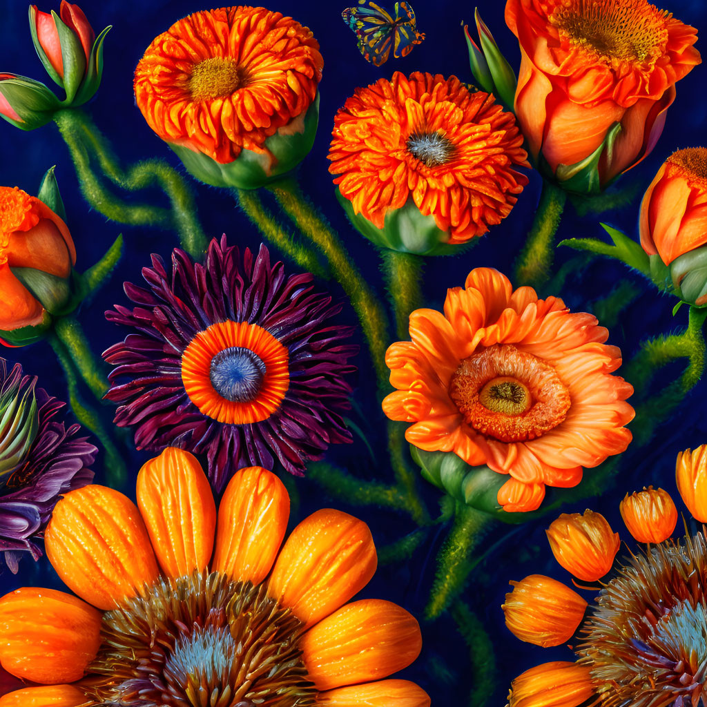 Colorful orange and purple flowers on deep blue background