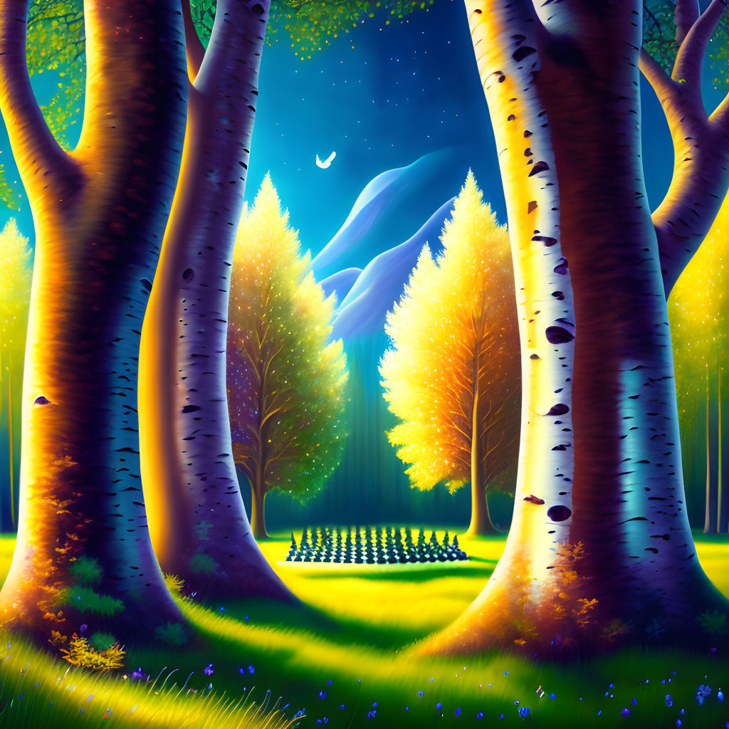 Enchanting night forest with glowing trees and starlit sky