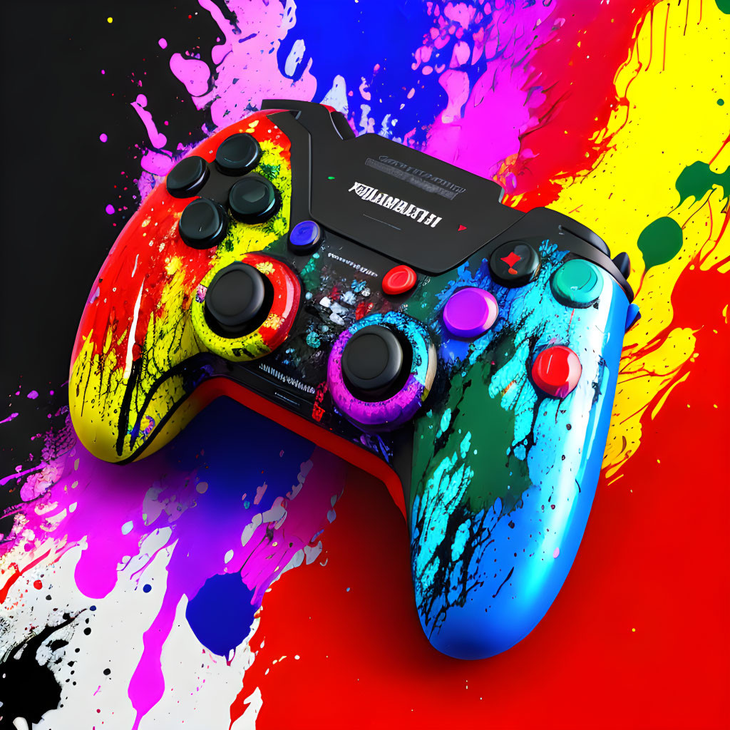 Vibrant Paint Splatter Background on Gaming Controller