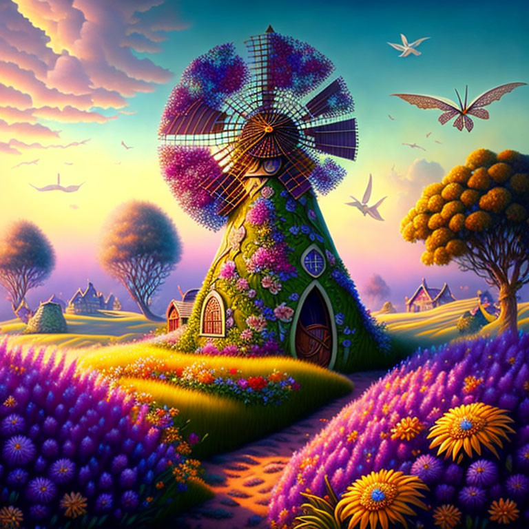 Colorful Windmill Landscape with Flower-covered Windmill and Vibrant Gardens