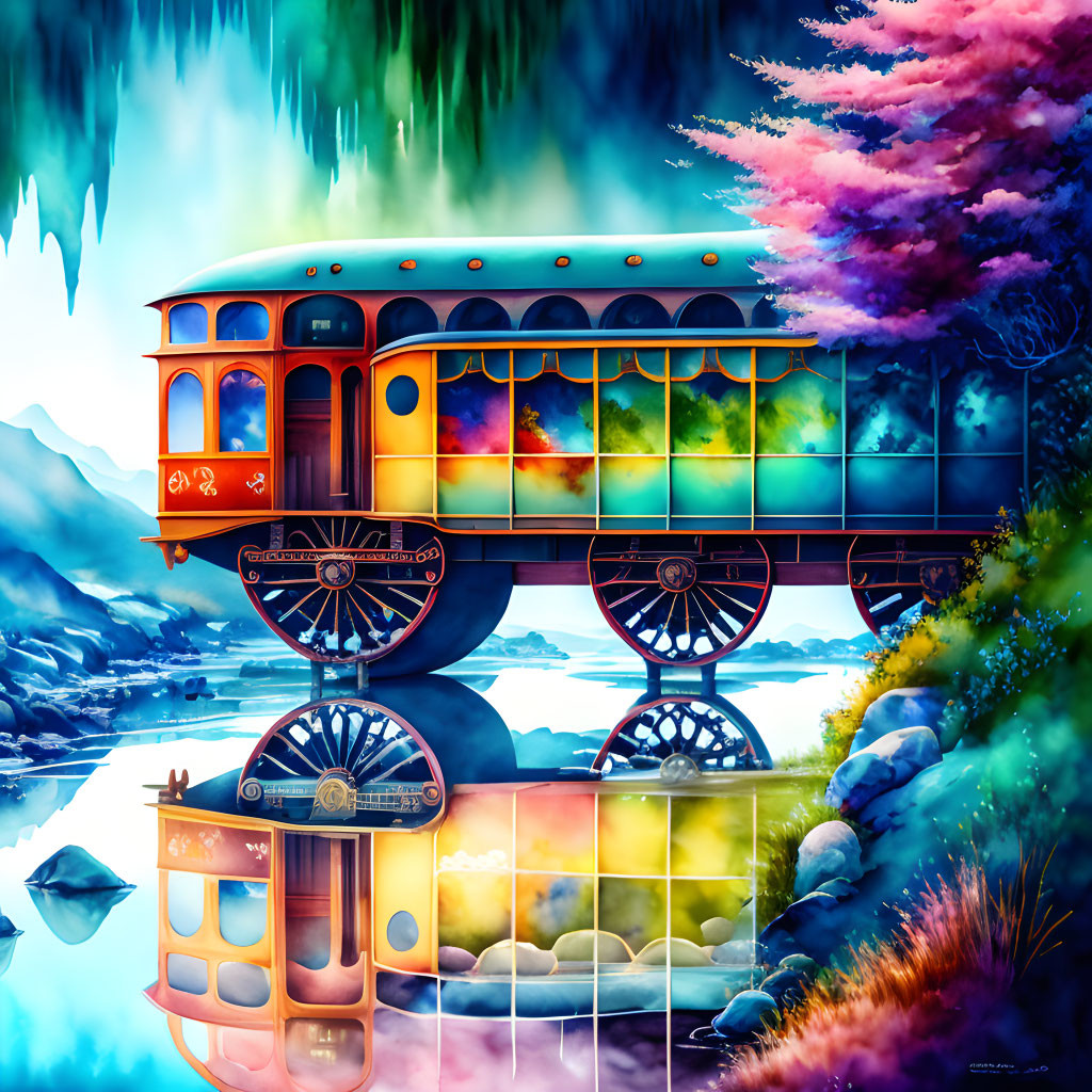 Fantastical train artwork in magical landscape