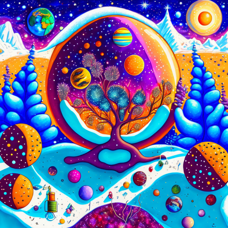 Colorful Psychedelic Landscape with Surreal Tree, Planets, Stars, and Mountains