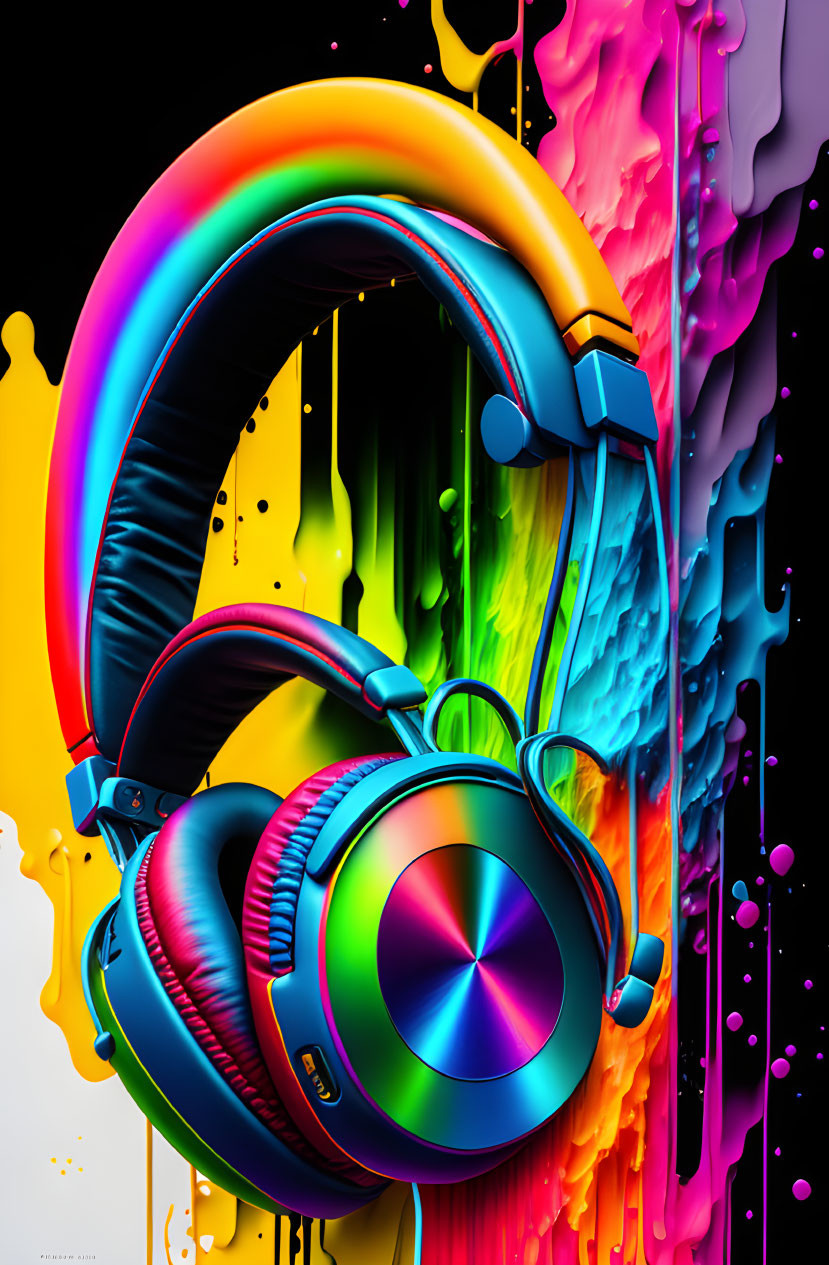 Colorful High-Gloss Headphones on Paint Drips Background