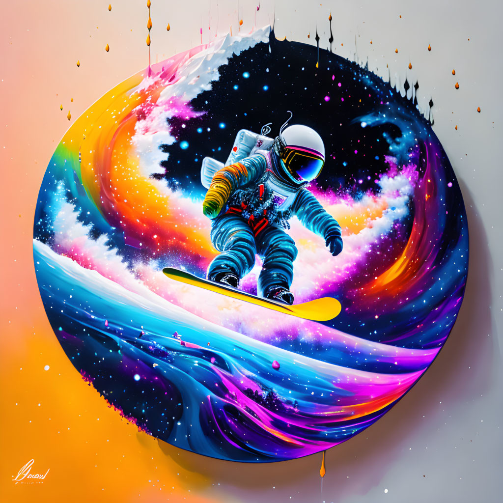 Astronaut skateboarding through colorful cosmic portal in surreal space scene