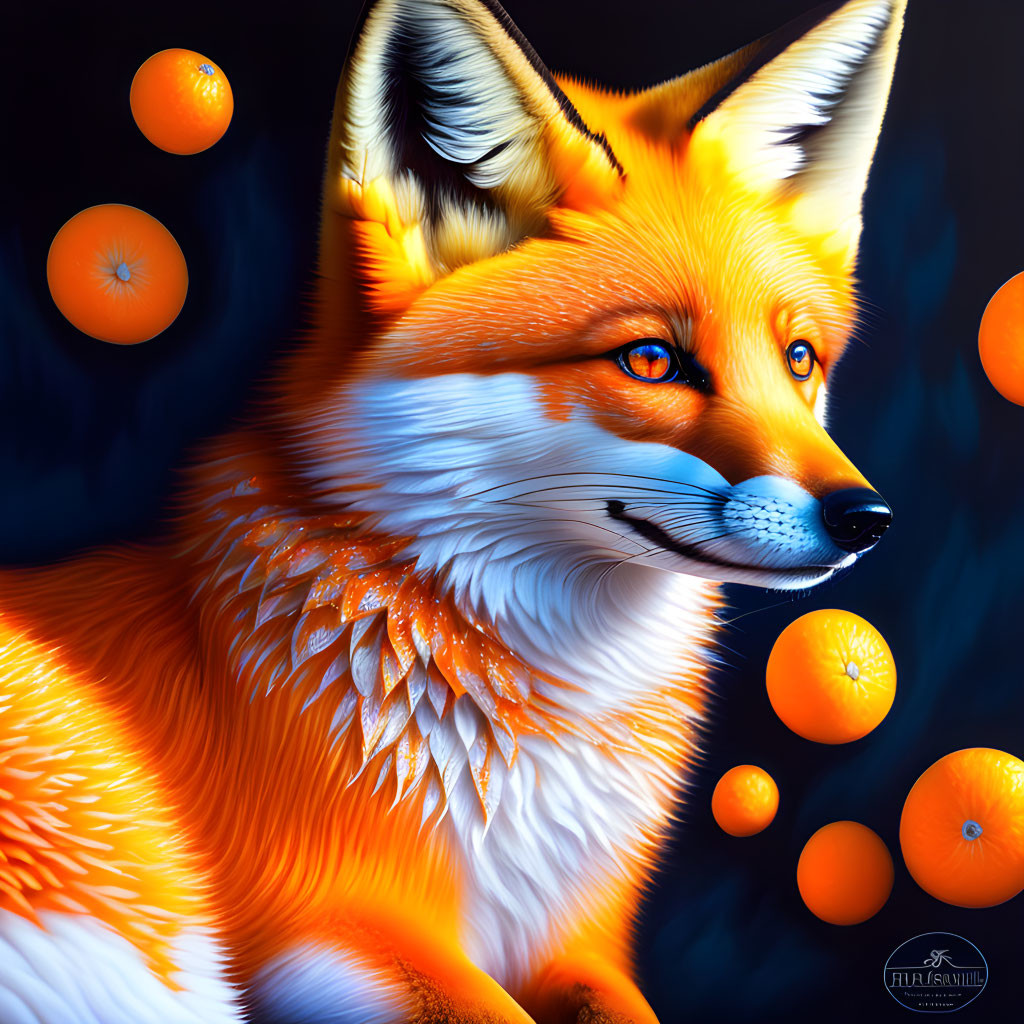 Colorful digital artwork: Orange fox with blue eyes and floating oranges on dark backdrop