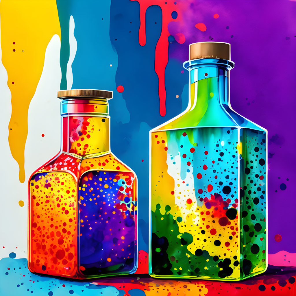 Colorful Glass Bottles with Paint Splashes on Rainbow Background