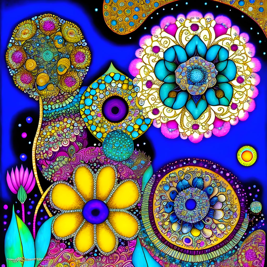 Colorful Mandala and Floral Mosaic Art on Deep Blue Background