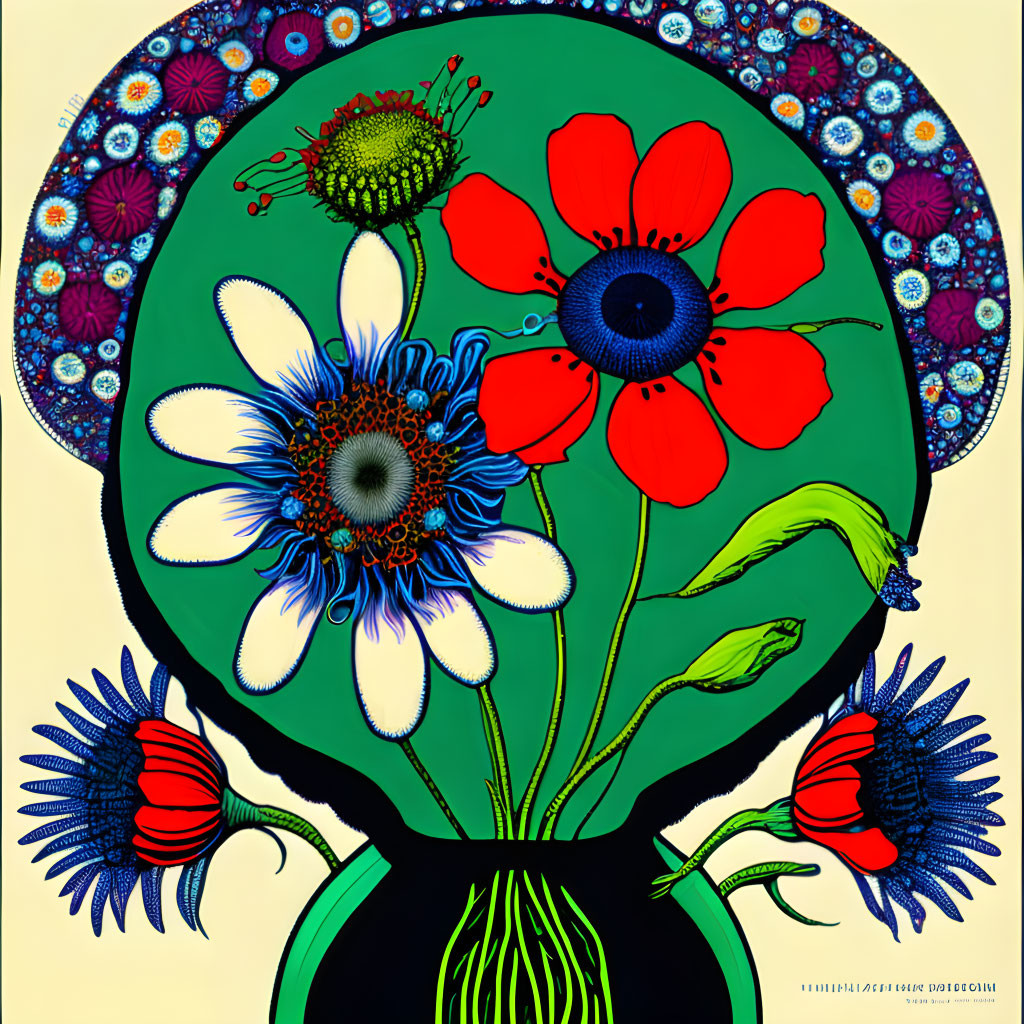 Colorful Floral Vase Art: Vibrant Reds and Blues on Green Background