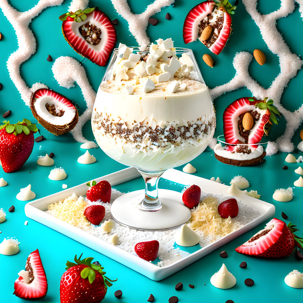 Colorful Dessert Scene with Layered Dessert, Chocolate, Strawberries, and Coconut