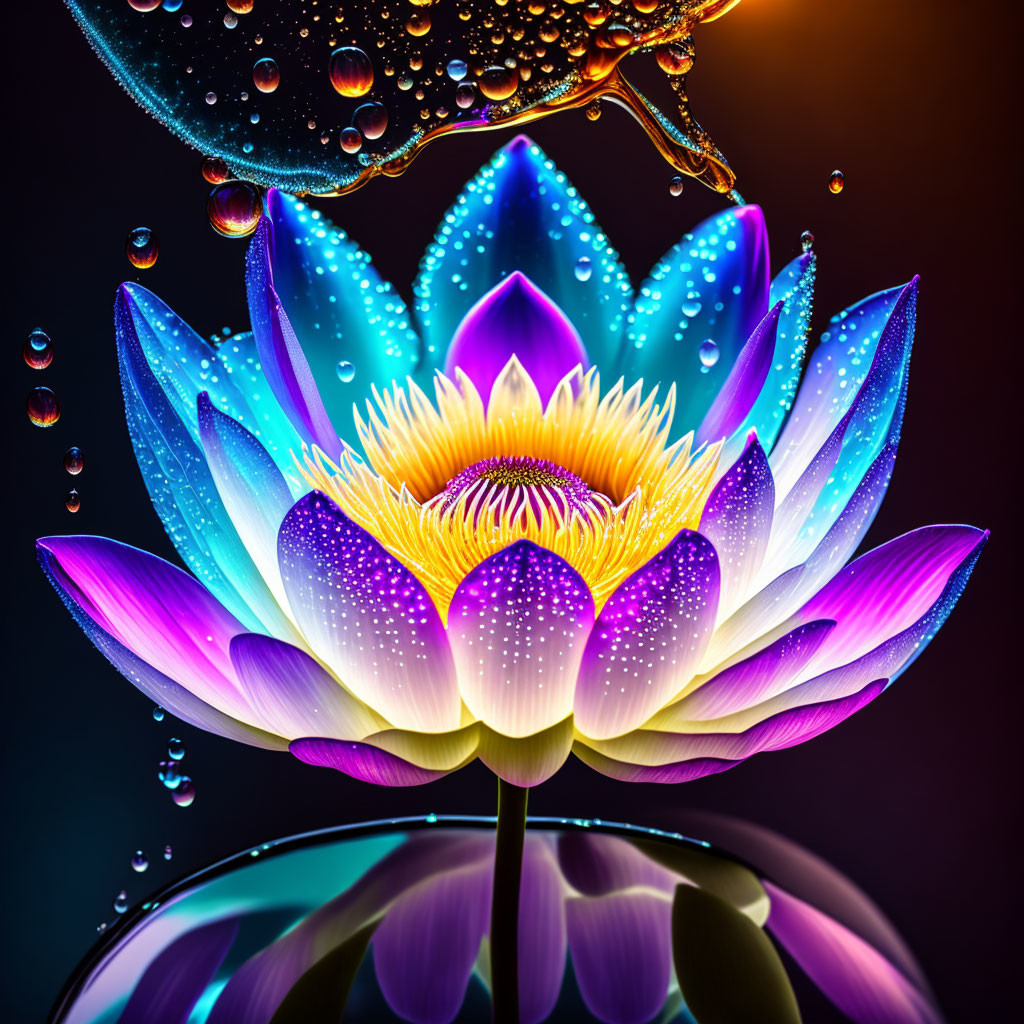 Colorful Lotus Flower Art with Sparkling Water Droplets on Dark Background