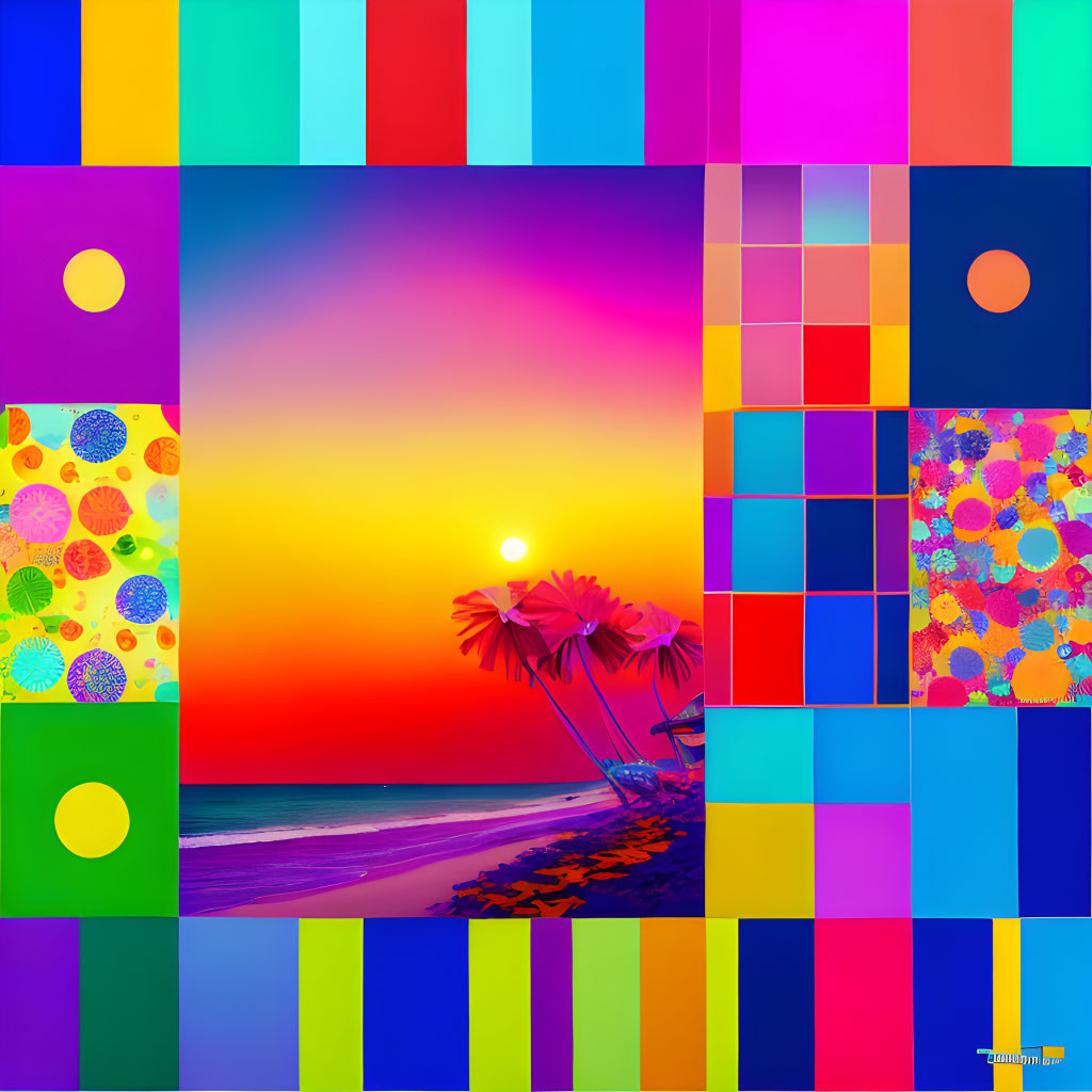 Colorful Sunset Beach Scene Collage with Geometric Patterns