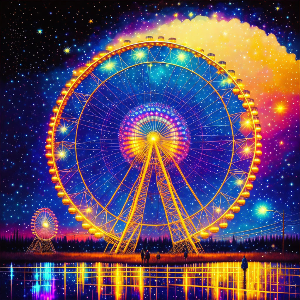 Nighttime Ferris Wheel Illustration with Radiant Lights and Starry Sky