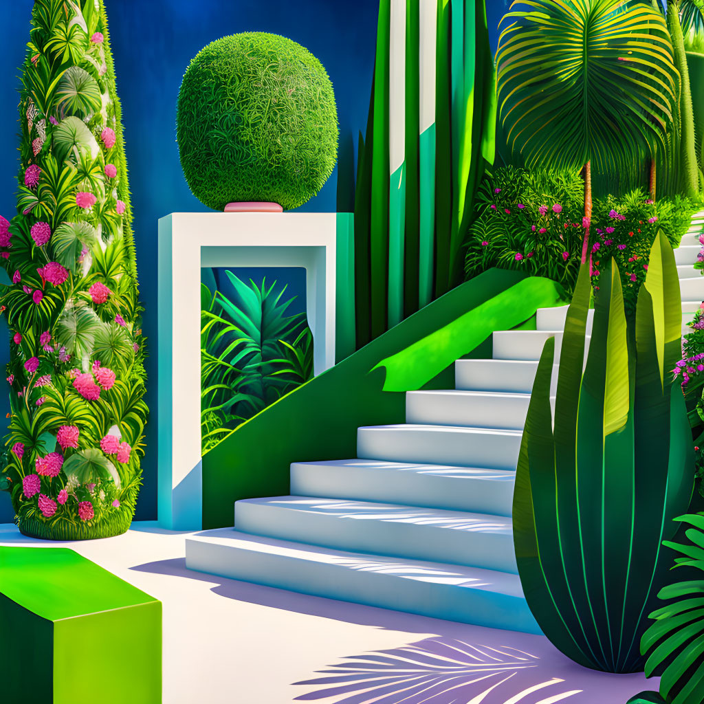 Vibrant digital art: lush green garden with topiary, flowers, stylized stairs,