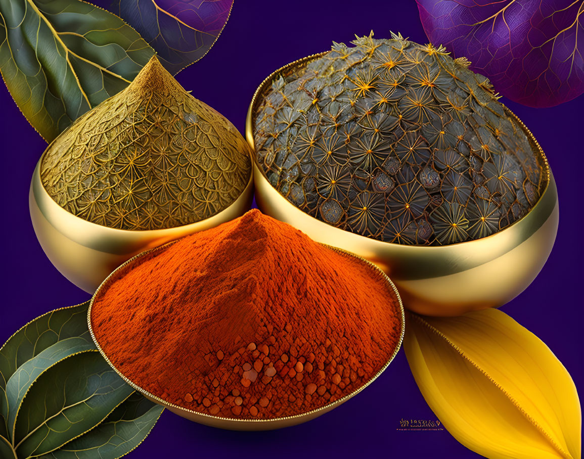 Textured bowls with golden and orange contents on purple background with leaves