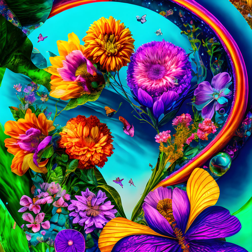 Colorful Flowers, Butterflies, Rainbow, and Surreal Elements on Blue Background