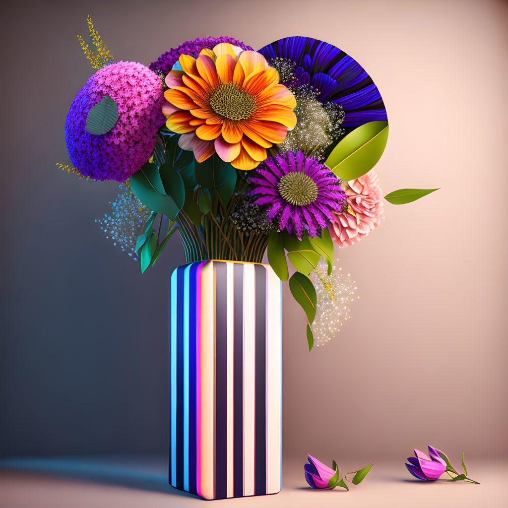 Vibrant bouquet in striped vase on gradient background with scattered petals