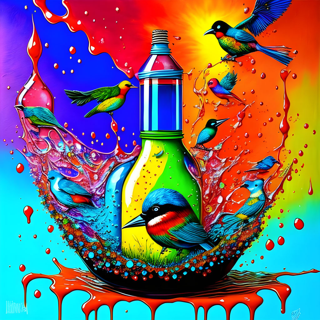 Colorful Artwork: Lighthouse in Bulb with Birds and Liquid Splash