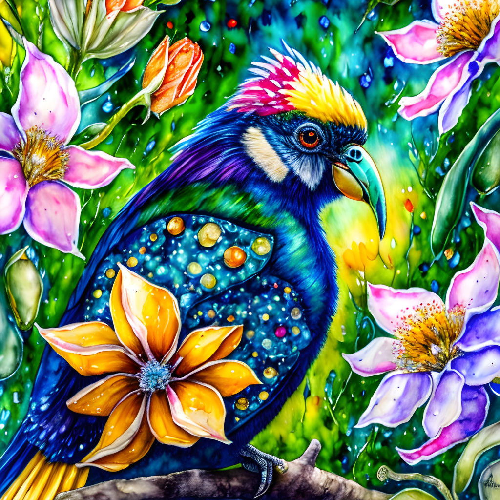 Colorful Bird and Flowers Artwork with Vibrant Hues and Intricate Patterns