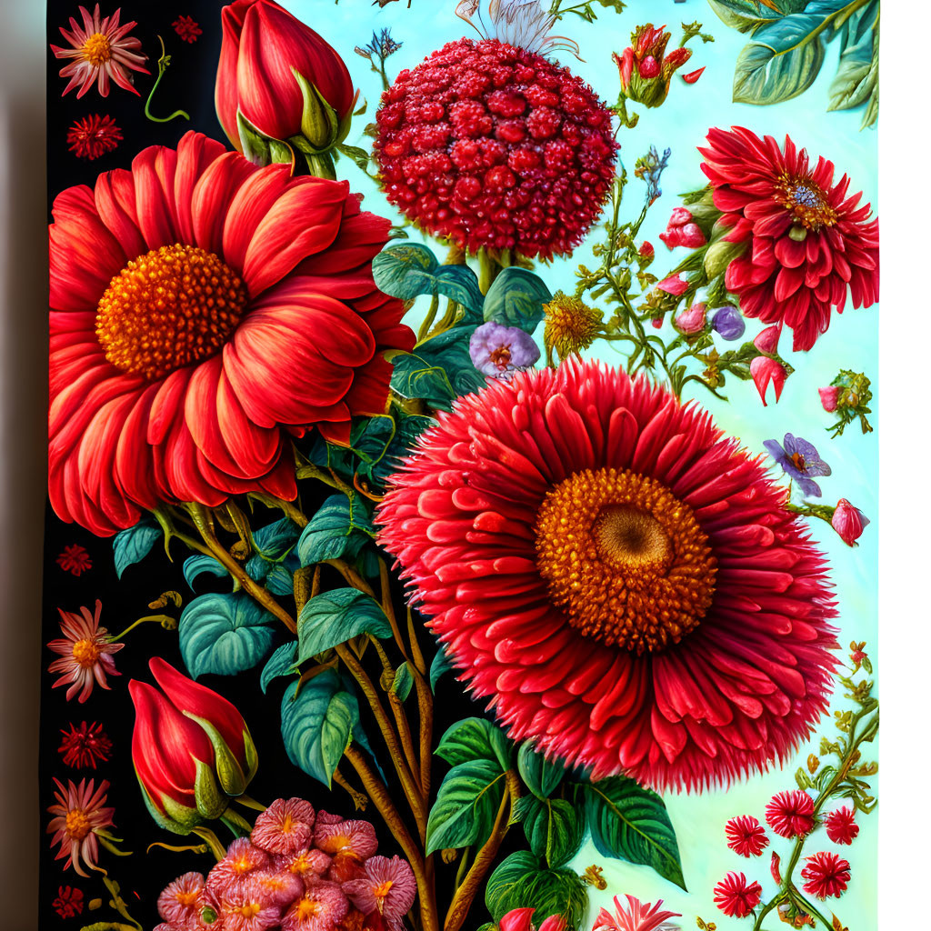 Colorful Floral Painting: Large Red Blooms on Turquoise Background