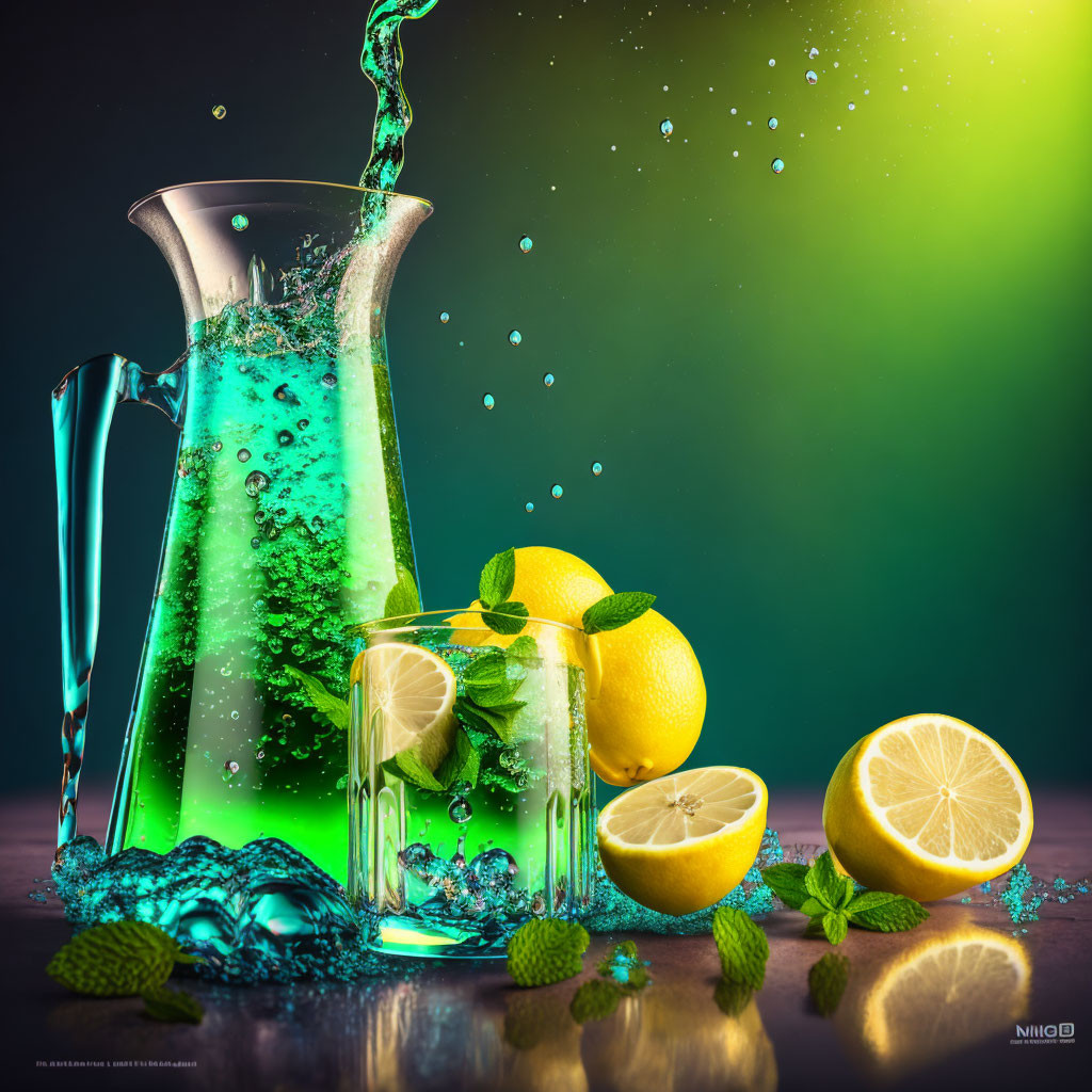 Pitcher, glass, lemons, mint leaves, and splashes on green-blue gradient.