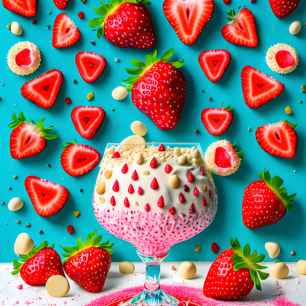 Colorful Strawberry Dessert Display on Blue Background