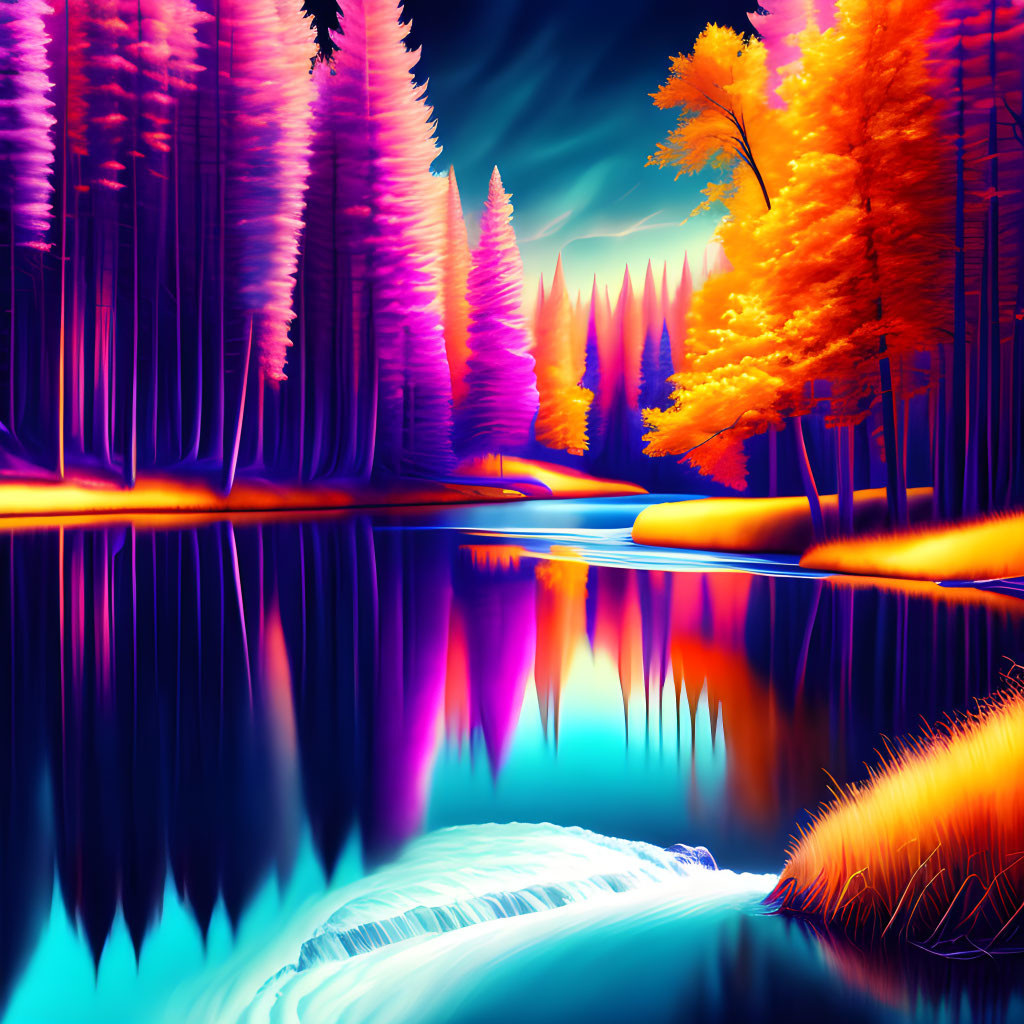 Surreal landscape digital art with neon pink and blue hues