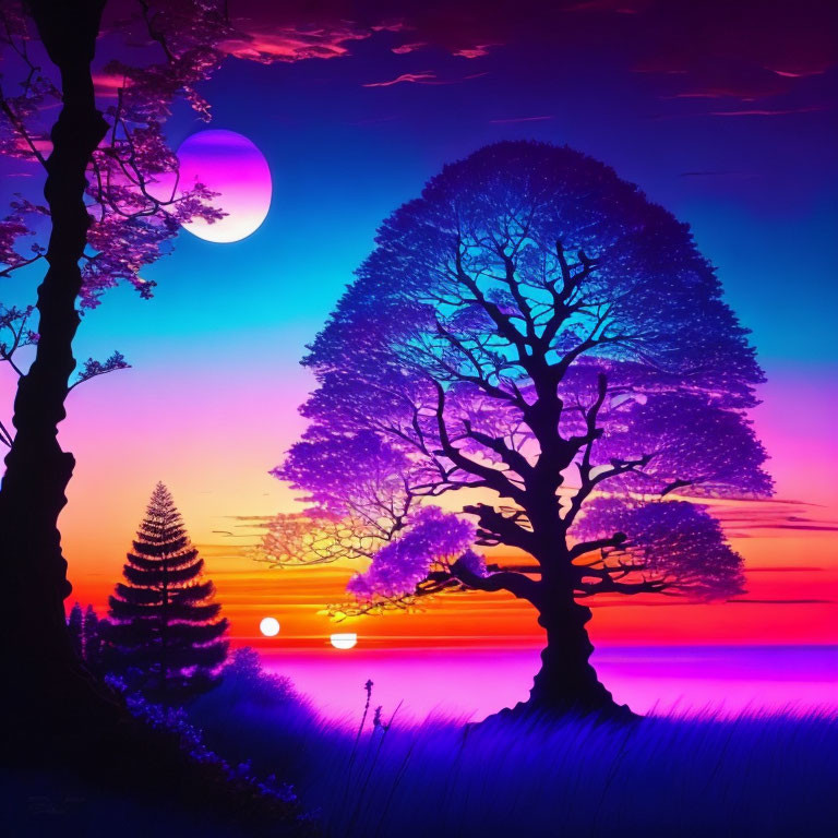 Colorful Dusk Landscape with Silhouetted Trees and Moon