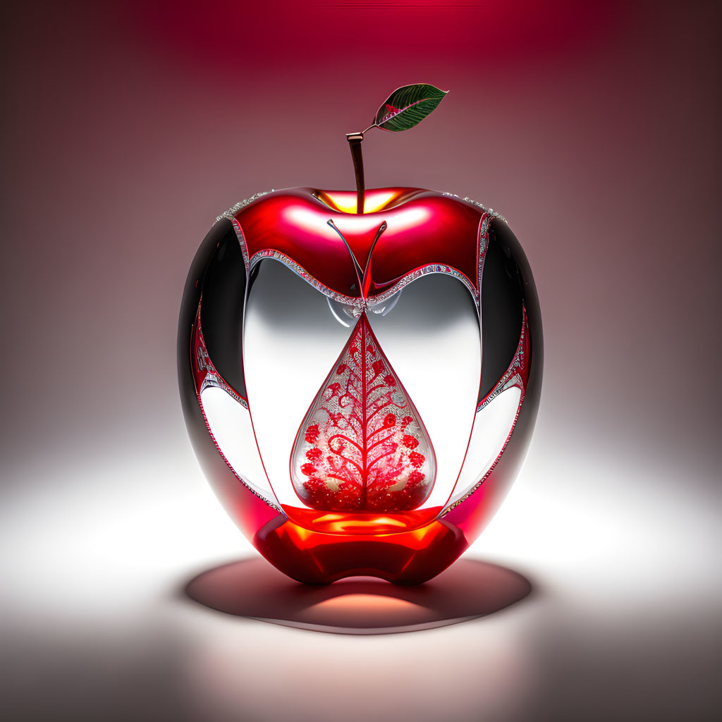 Metallic apple with tree cutout on red background