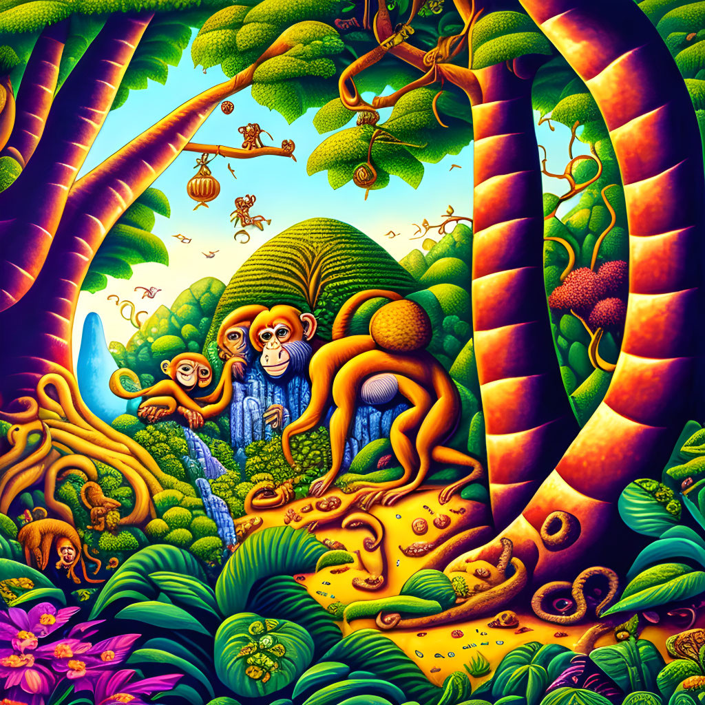 Colorful Jungle Scene with Stylized Trees & Playful Monkeys