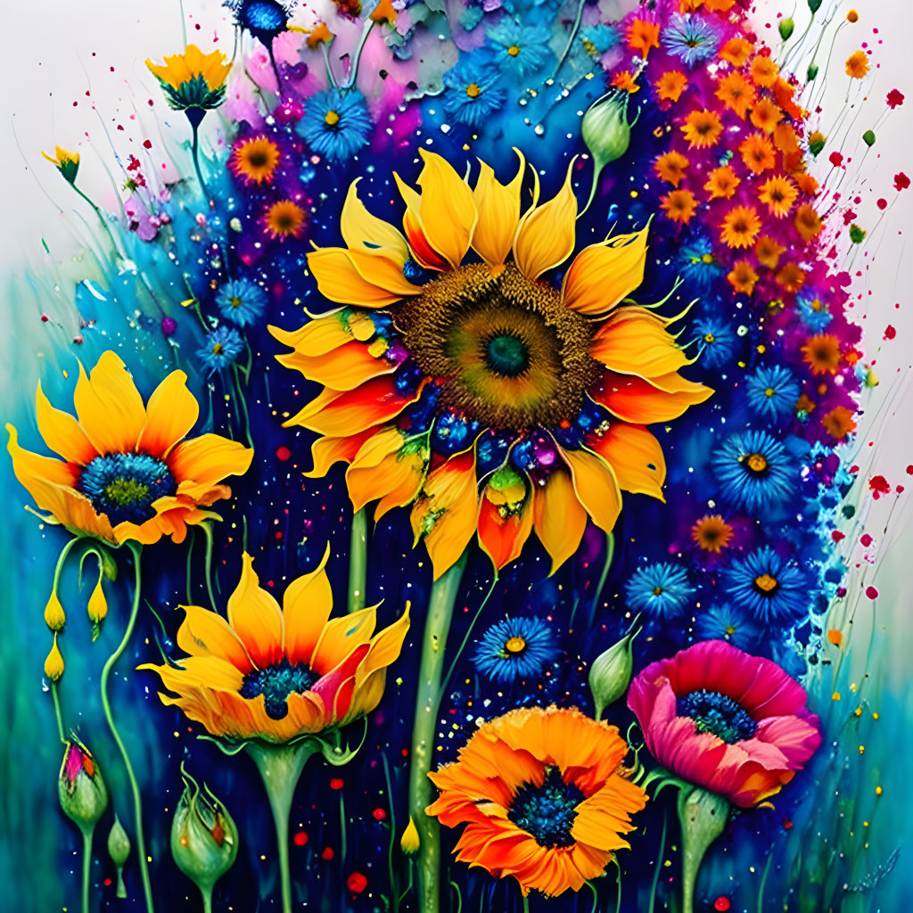 Colorful Sunflowers Painting with Abstract Background