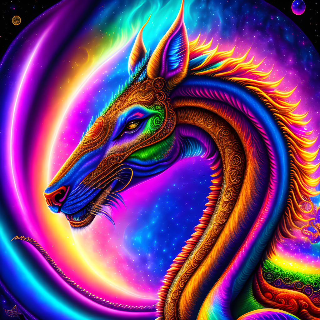 Colorful cosmic dragon digital art with intricate patterns and neon space backdrop