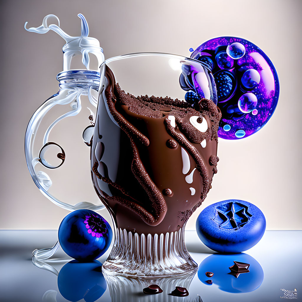 Surreal image: Overflowing glass with tentacles, glossy spheres, and star object